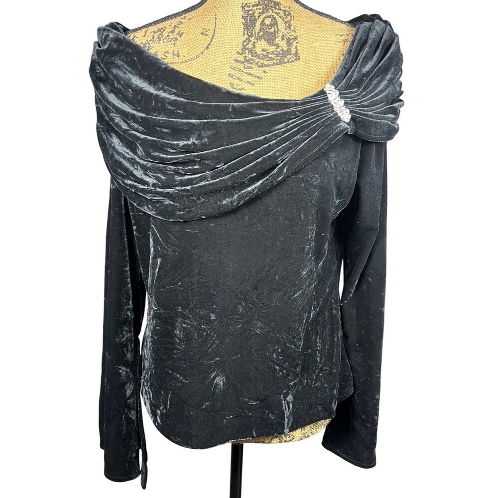 Xscape By Joanna Chen Black Velvet Off-Shoulder Top Lg Elegant Cocktail Party